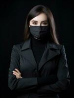 un' donna nel un' nero completo da uomo con un' maschera su sua viso generativo ai foto