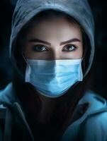 un' donna nel un' blu felpa con cappuccio con un' medico maschera su sua viso generativo ai foto