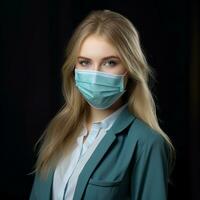 un' donna nel un' attività commerciale completo da uomo è indossare un' chirurgico maschera generativo ai foto