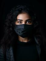 un' donna indossare un' nero viso maschera su un' nero sfondo generativo ai foto