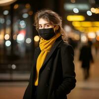 un' donna indossare un' nero viso maschera su un' città strada generativo ai foto