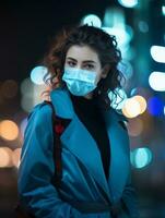 un' donna indossare un' viso maschera nel il città a notte generativo ai foto