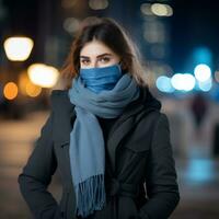 un' donna indossare un' viso maschera nel il città a notte generativo ai foto