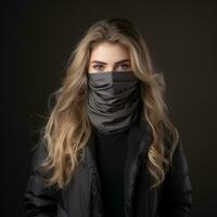 un' donna indossare un' viso maschera su un' buio sfondo generativo ai foto