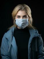 un' donna indossare un' medico maschera su un' nero sfondo foto