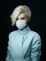 un' donna indossare un' chirurgico maschera su un' nero sfondo generativo ai foto