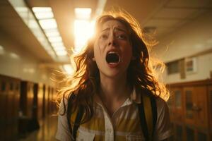 un' donna urlando nel un' corridoio con il sole dietro a sua generativo ai foto