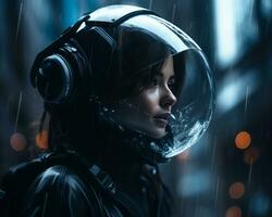 un' donna indossare un astronauta casco nel il pioggia generativo ai foto