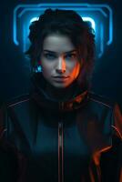 un Immagine di un' donna nel un' nero giacca con neon luci generativo ai foto