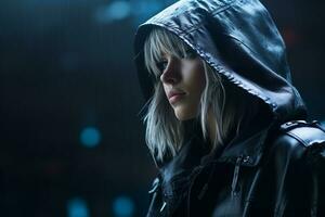un' donna nel un' nero pelle giacca in piedi nel il pioggia foto