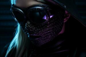 un' donna indossare un' maschera e occhiali da sole nel un' buio camera generativo ai foto