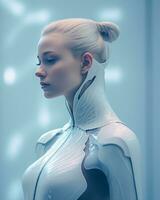 un Immagine di un' donna nel un' futuristico completo da uomo foto