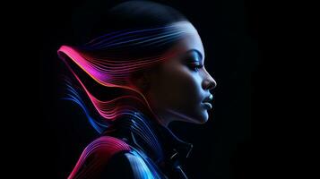 un Immagine di un' donna con neon Linee nel sua capelli generativo ai foto