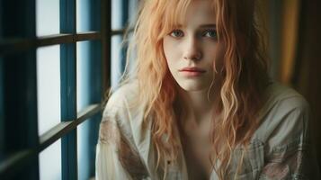 un' bellissimo giovane donna con rosso capelli seduta di un' finestra generativo ai foto