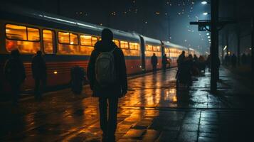 un' uomo con un' zaino è in piedi su un' treno piattaforma a notte generativo ai foto