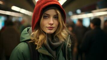un' donna indossare un' rosso cappello e giacca nel un' metropolitana generativo ai foto