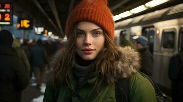 un' donna indossare un arancia Beanie in piedi nel davanti di un' treno generativo ai foto