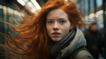 un' donna con rosso capelli e un' sciarpa è su il metropolitana generativo ai foto