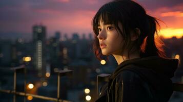 un asiatico donna guardare su al di sopra di il città a tramonto generativo ai foto