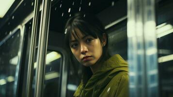 un asiatico donna seduta su un' treno guardare su il finestra generativo ai foto