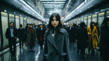 un asiatico donna in piedi nel un' metropolitana con molti persone nel il sfondo generativo ai foto