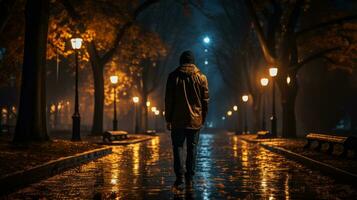 un' uomo è a piedi giù un' bagnato strada a notte generativo ai foto