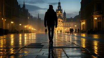 silhouette di un' persona a piedi giù un' bagnato strada a notte generativo ai foto