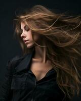 un' donna con lungo capelli soffiaggio nel il vento generativo ai foto