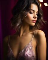 bellissimo donna nel rosa biancheria intima in posa nel davanti di viola tenda generativo ai foto