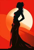 silhouette di un' donna nel un' rosso vestito generativo ai foto