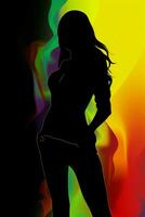silhouette di un' donna nel davanti di un' colorato sfondo generativo ai foto