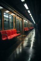 un' metropolitana treno con vuoto posti a sedere generativo ai foto