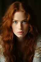un' donna con lungo rosso capelli e blu occhi generativo ai foto