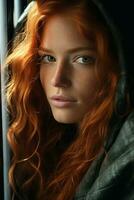 un' donna con lungo rosso capelli è guardare su il finestra generativo ai foto