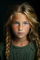 un' giovane ragazza con lungo trecce e blu occhi generativo ai foto