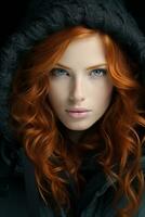 bellissimo rosso dai capelli donna con incappucciato giacca su nero sfondo generativo ai foto