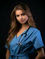 un' bellissimo giovane donna nel un' blu macchia completo da uomo con un' stetoscopio generativo ai foto