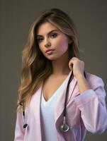 un' bellissimo giovane donna nel un' rosa cappotto e stetoscopio generativo ai foto