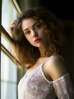 un' bellissimo giovane donna nel un' bianca vestito pendente contro un' finestra generativo ai foto