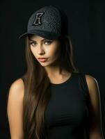 un' bellissimo giovane donna indossare un' nero serbatoio superiore e un' baseball berretto generativo ai foto