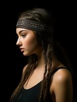 un' bellissimo giovane donna con trecce e un' fascia per capelli generativo ai foto