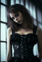 un' donna nel un' nero corsetto in piedi nel davanti di un' finestra generativo ai foto
