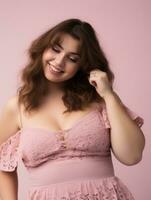 bellissimo più dimensione donna nel rosa vestito in posa su rosa sfondo generativo ai foto