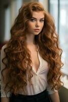 bellissimo donna con lungo Riccio rosso capelli generativo ai foto