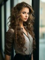 bella giovane donna con lunghi capelli ricci foto