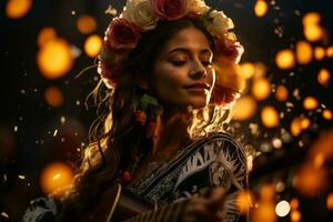 un' bellissimo donna con fiori nel sua capelli giocando un acustico chitarra generativo ai foto