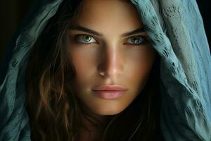 un' bellissimo donna con verde occhi sotto un' blu scialle generativo ai foto