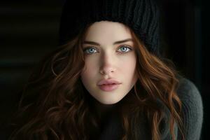 un' bellissimo donna con lungo capelli e blu occhi foto