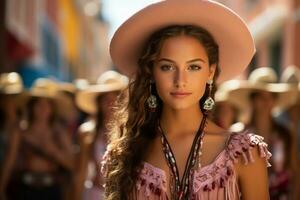 un' bellissimo giovane donna nel un' cowboy cappello generativo ai foto