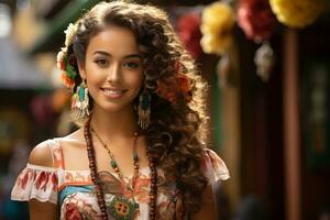 un' bellissimo giovane donna con Riccio capelli indossare un' messicano vestito generativo ai foto